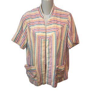 Vintage Meena Womens Rainbow Striped Terry Cloth Open Front Swim Coverup Jacket